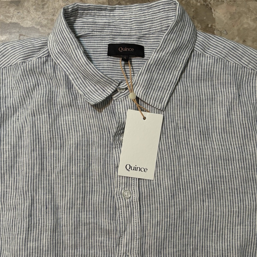 Quince European Linen Shirt Mens Large Blue Striped Short Sleeve Button NEW